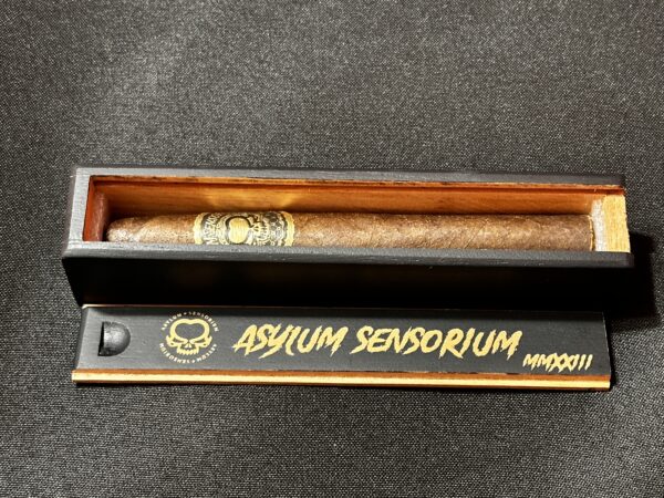 Hand Holding Asylum Sensorium Asen 18 Cigar in open box