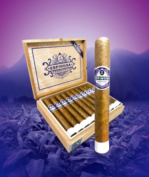 Open Box of Espinosa Sumatra Cigars with Purple Background