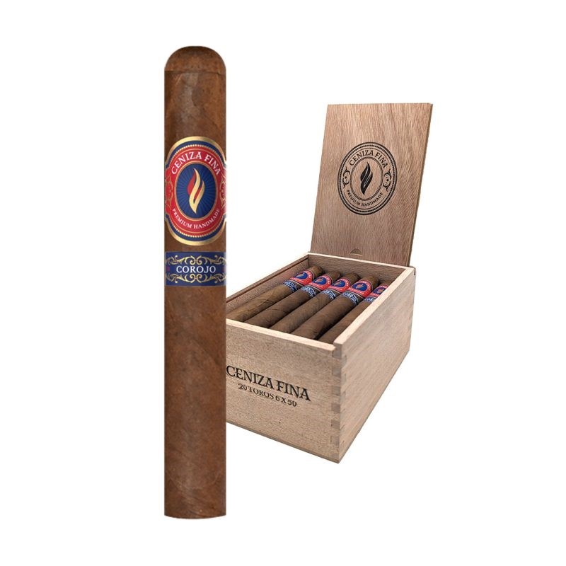 ceniza fina cigar with open box of cigars behind